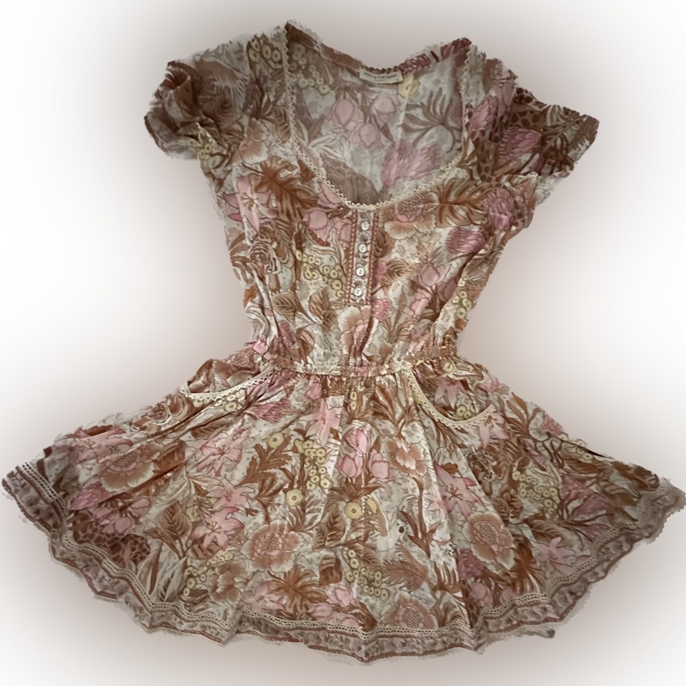 SPELL & THE GYPSY MINI DRESS PINK & NEUTRAL BEIGE FLORAL POCKETS BOHO XS